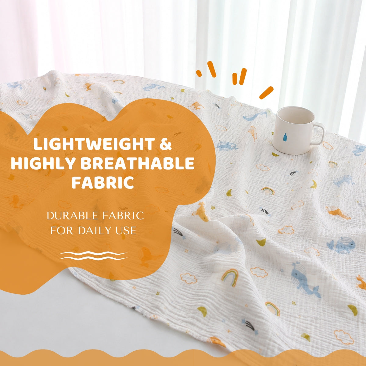 PREMIUM BAMBOO COTTON MUSLIN CRINKLED FABRIC – PRINTED DOLPHIN DESIGN – GSM 140 – WIDTH 50 INCH