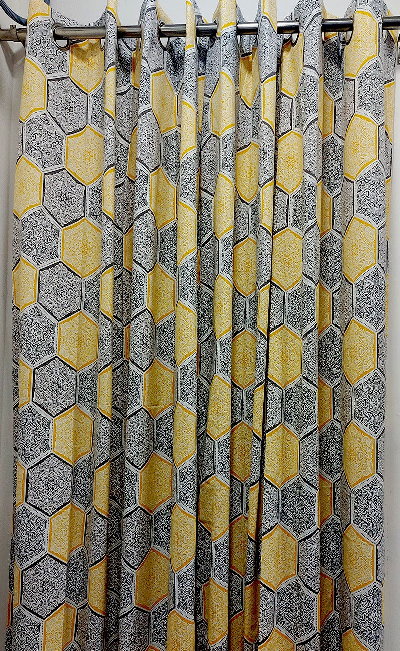 100% COTTON YELLOW WITH GREY PRINT DOOR CURTAINS - 4 * 7 FEET