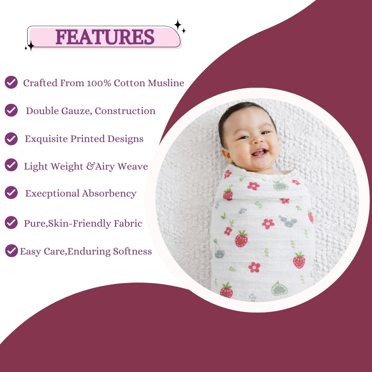 100% COTTON PRINTING  MUSLIN BABY SWADDLE BLANKET – ULTRA SOFT DOUBLE GAUZE, 47” X 47”
