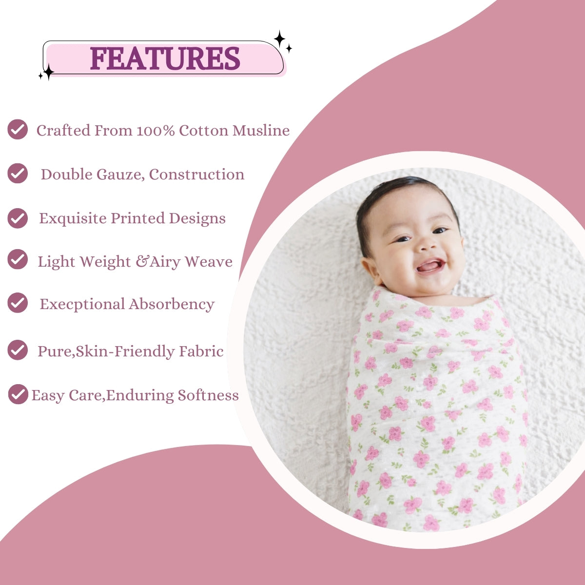 100% COTTON PRINTING  MUSLIN BABY SWADDLE BLANKET – ULTRA SOFT DOUBLE GAUZE, 47” X 47”