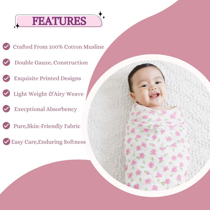 100% COTTON PRINTING  MUSLIN BABY SWADDLE BLANKET – ULTRA SOFT DOUBLE GAUZE, 47” X 47”