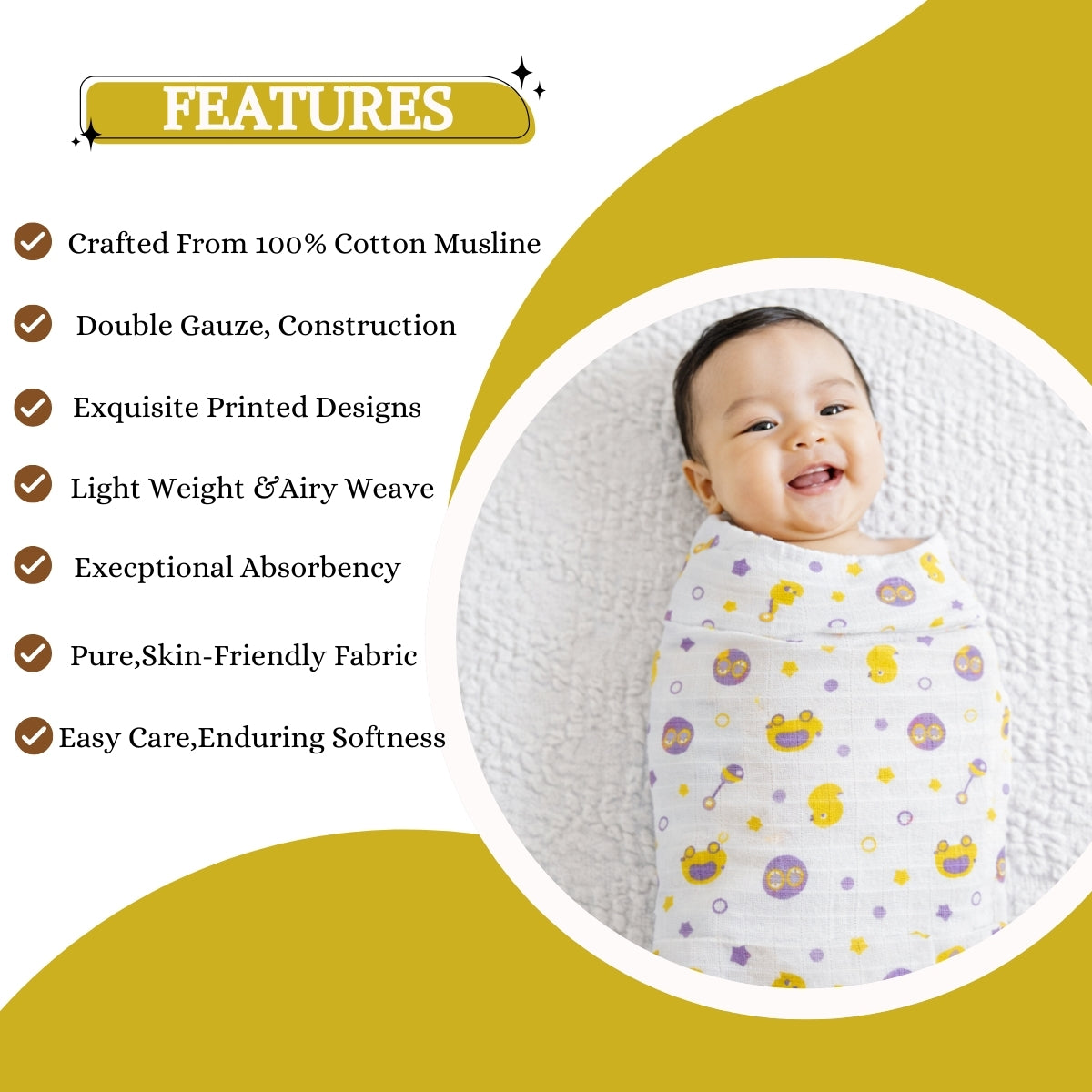 100% COTTON PRINTING  MUSLIN BABY SWADDLE BLANKET – ULTRA SOFT DOUBLE GAUZE, 47” X 47”