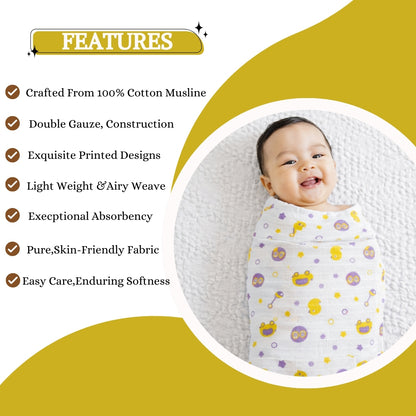 100% COTTON PRINTING  MUSLIN BABY SWADDLE BLANKET – ULTRA SOFT DOUBLE GAUZE, 47” X 47”