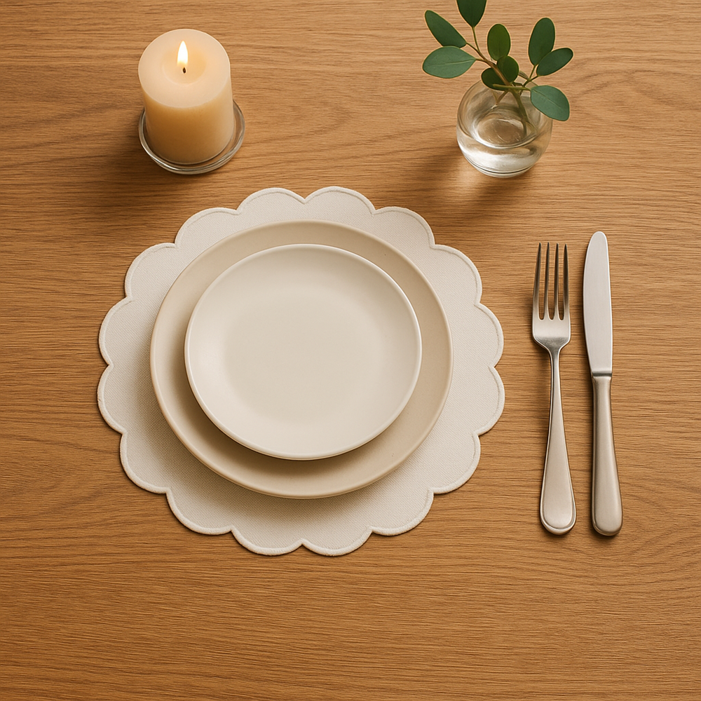 100% COTTON SCALLOP EDGE PLACEMAT WITH FUSING – 38 CM MODERN DINING TABLE MAT - 190 GSM