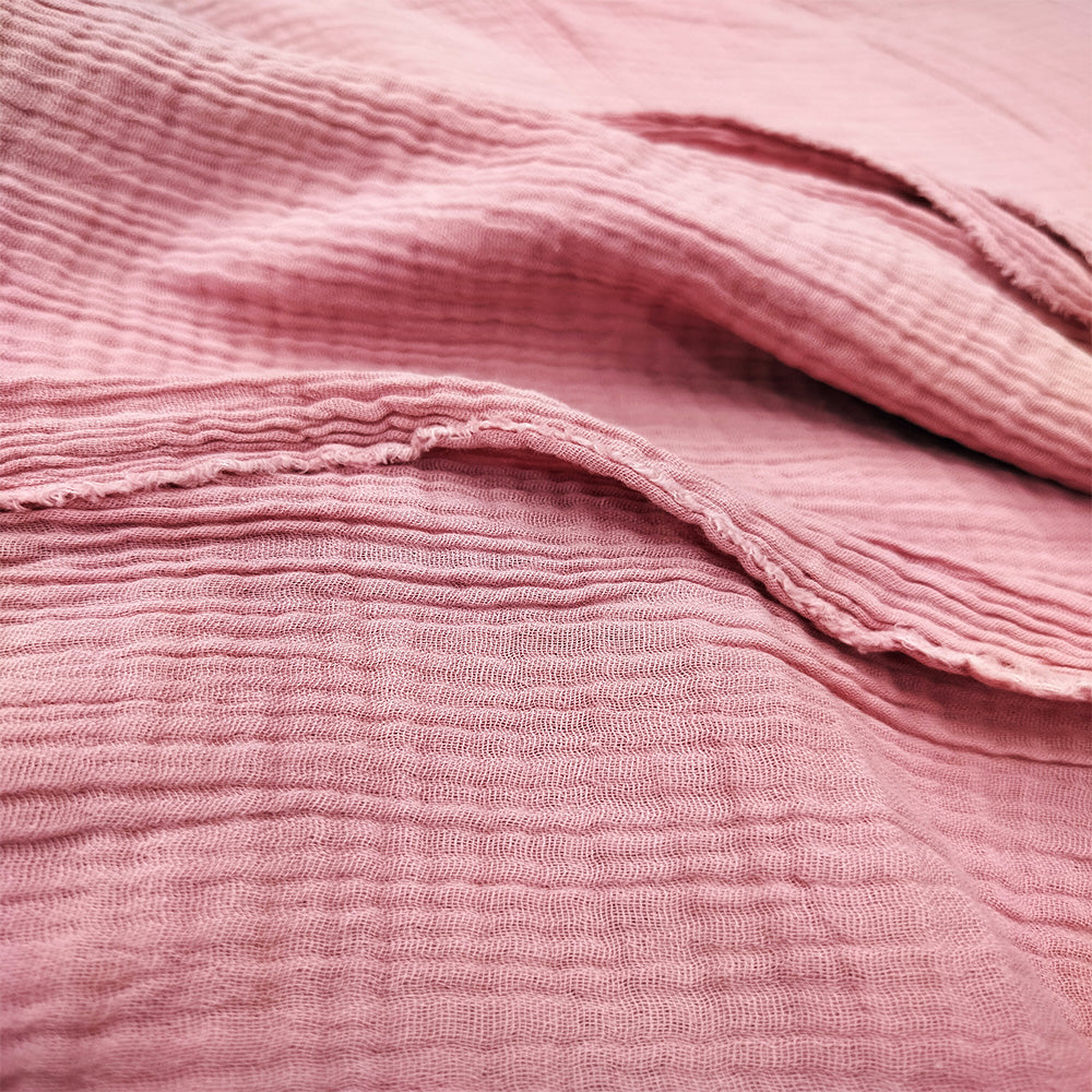 Cotton Double Gauze Muslin Fabric With Crinkled Dyed Dusty Rose Colours